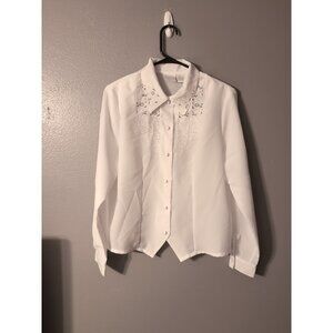 Elizabeth Williams White Vintage Button Up Blouse Size M Shoulder Pads